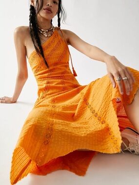 Free People One-Shoulder Orange Lace-Trim Midi Dress